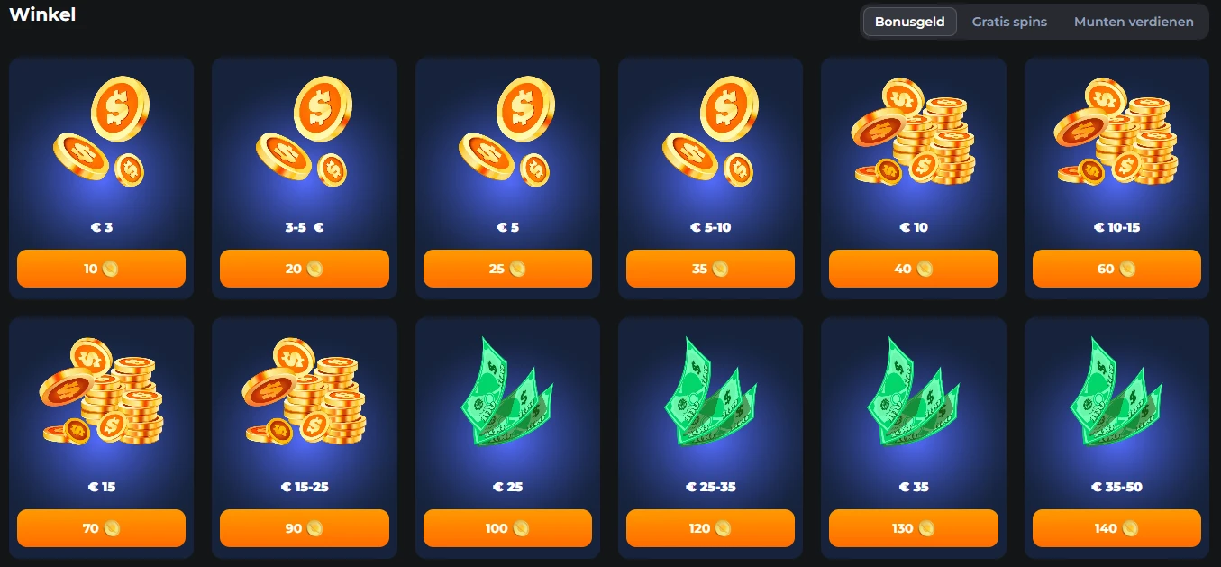 Coin Shop van CosmicSlotz waar Cosmic Coins kunnen worden ingewisseld voor bonusgeld en gratis spins