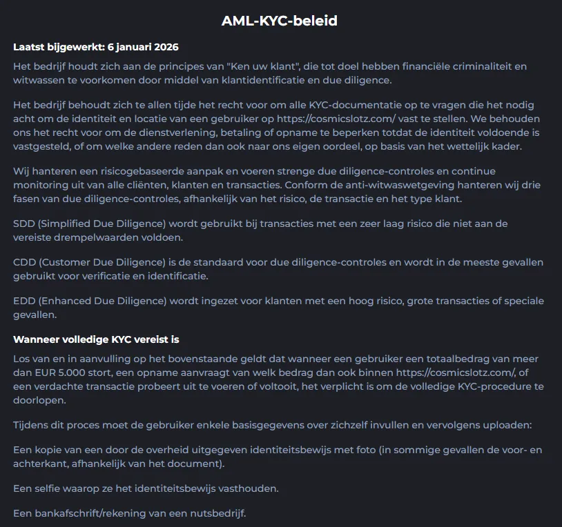 AML-KYC-beleid van CosmicSlotz met informatie over identiteitsverificatie en vereiste documenten