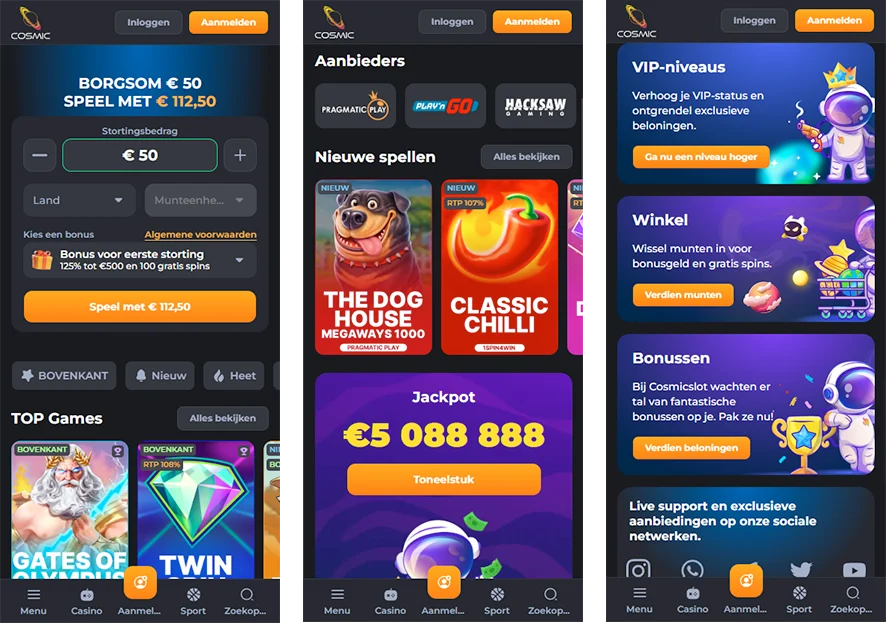 Mobiele versie van CosmicSlotz voor smartphones en tablets via de browser