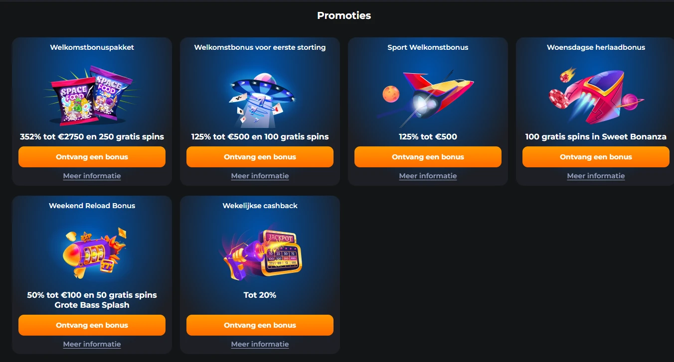 Overzicht van promoties bij CosmicSlotz met welkomstbonus, reloadbonussen, cashback en sportbonus