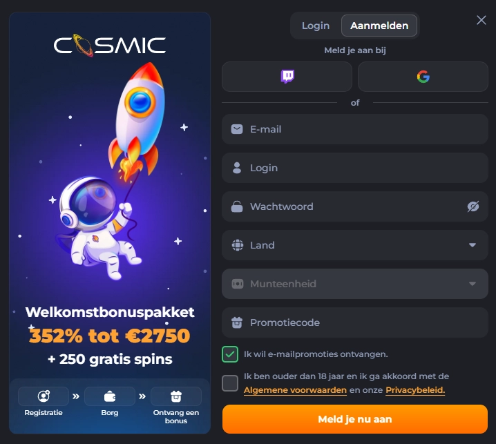 Registratieformulier van CosmicSlotz met velden voor e-mail, wachtwoord, land en valuta