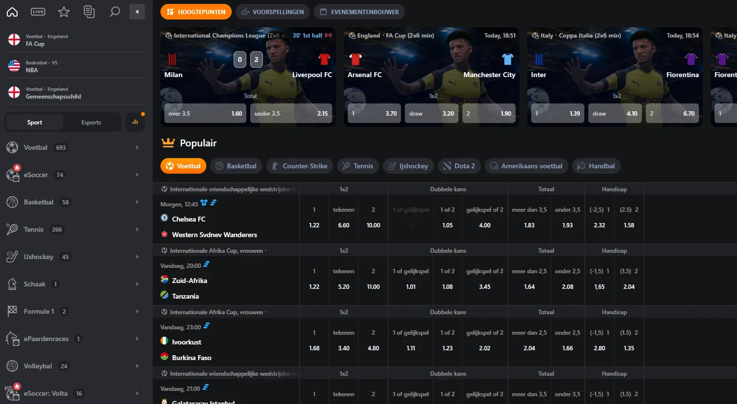 Sportsbook van CosmicSlotz met liveweddenschappen, sportcategorieën en actuele odds