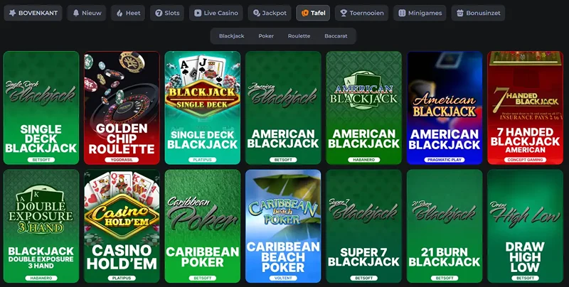 Tafelspellen van CosmicSlotz met roulette, blackjack, baccarat en poker