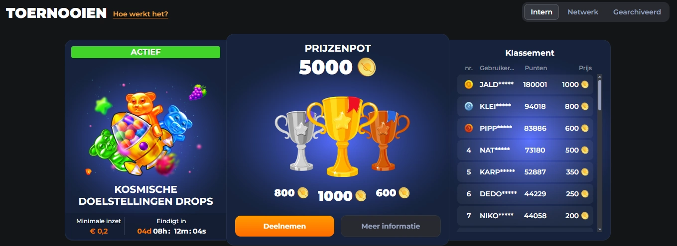Overzicht van casinotoernooien bij CosmicSlotz met klassement en prijzenpot