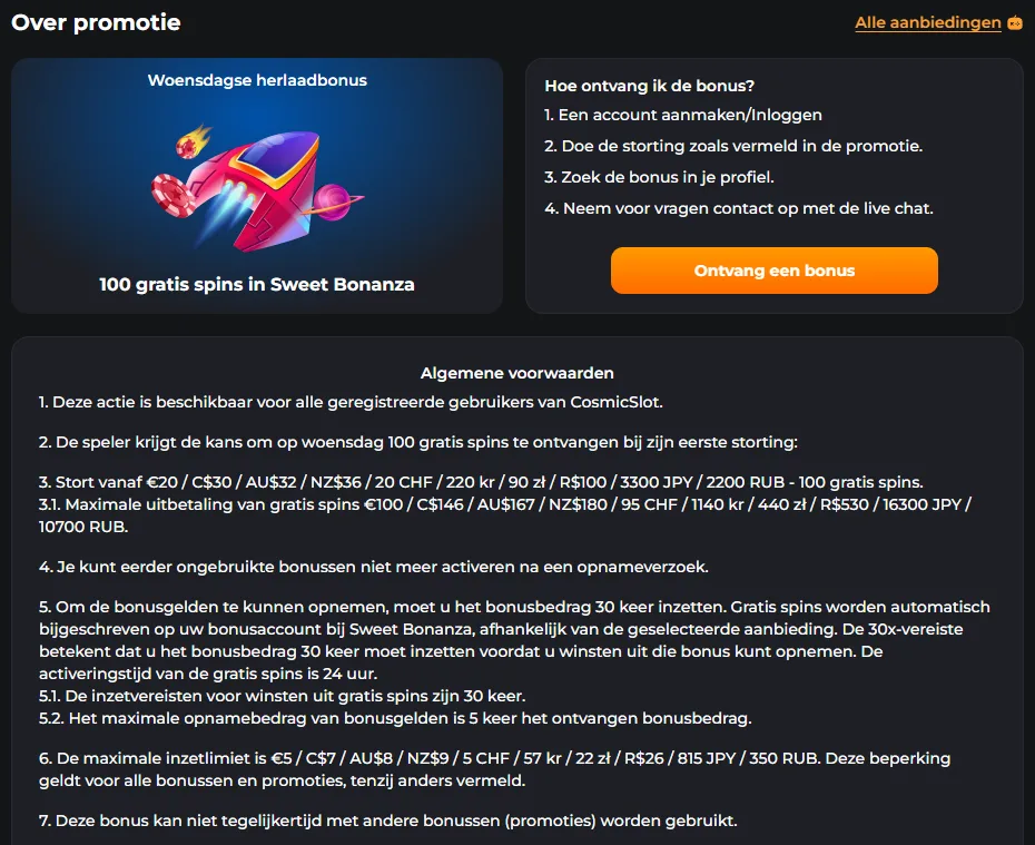 Woensdagse herlaadbonus van CosmicSlotz met 100 gratis spins voor Sweet Bonanza