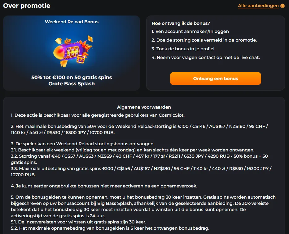Weekend Reload Bonus van CosmicSlotz met 50% bonus tot €100 en 50 gratis spins voor Big Bass Splash