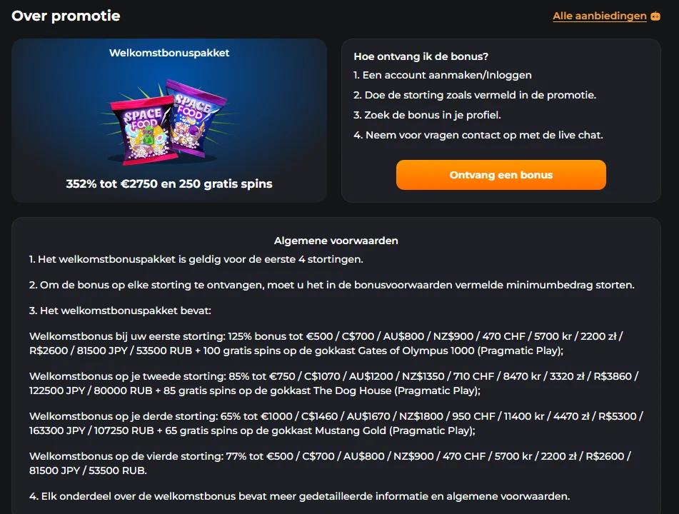 Voorwaarden van het Welcome Bonuspakket bij CosmicSlotz met bonus tot €2.750 en 250 gratis spins
